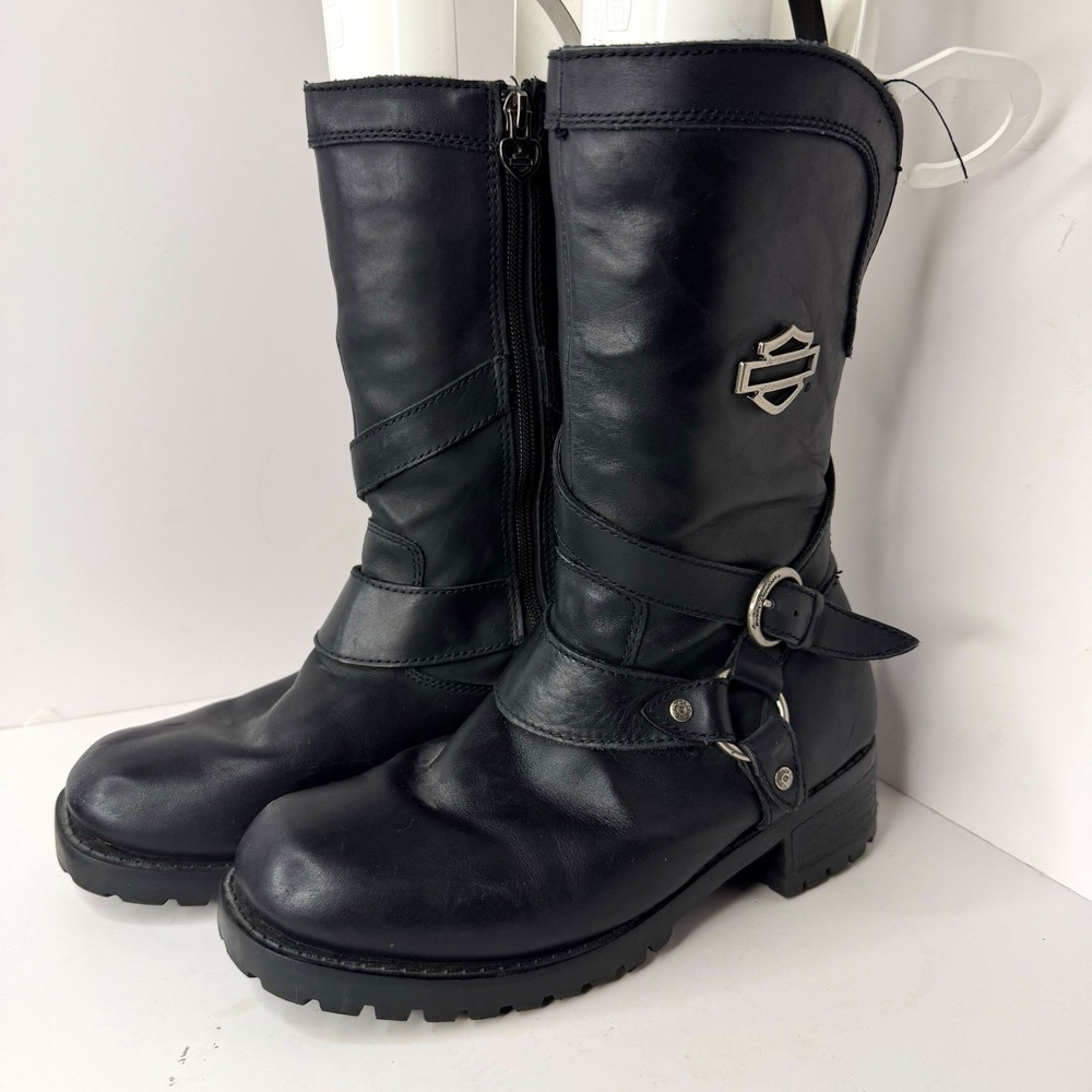 Harley-Davidson Women's Black Leather Mid-Calf 2000's harness Zip Buckle Boots 8